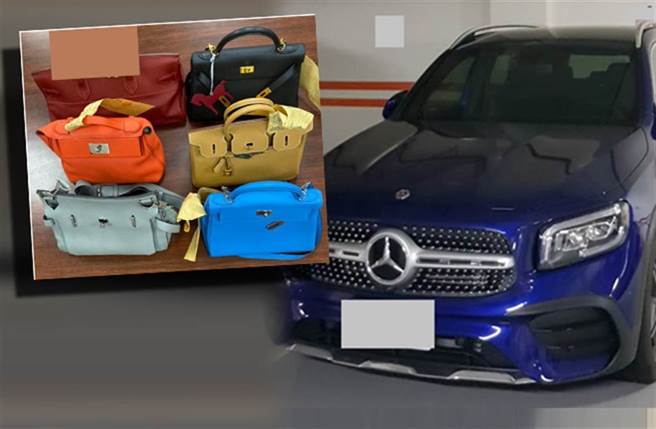 前调查官徐宿良被扣走的宾士休旅，以及6只爱马仕精品包。（合成图，检方提供／赖佑维传真）