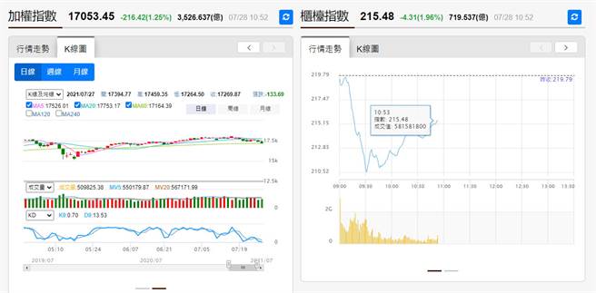 讓人一目瞭然的加權指數、櫃檯指數圖表；圖內為7月28日資訊。（翻攝自《旺得富》）