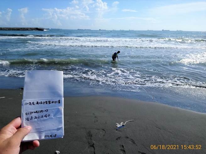 海洋保育署于今年6月到国内海滩做海水检测，图为高雄旗津海滩採水情形。（海保署提供／林瑞益高雄传真）