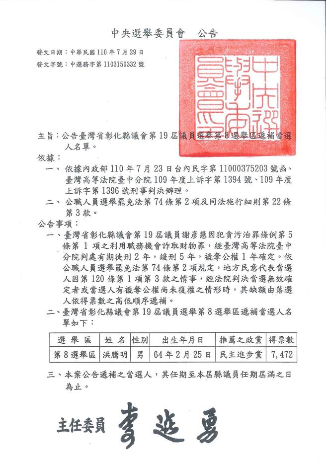 中央选委会今日公告，指彰化县第八选区县议员将进行递补。（洪宗熠提供／谢琼云彰化传真）