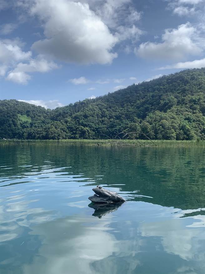 日月潭水蛙头平台解封，九蛙迭像重新亮相。（廖志晃摄