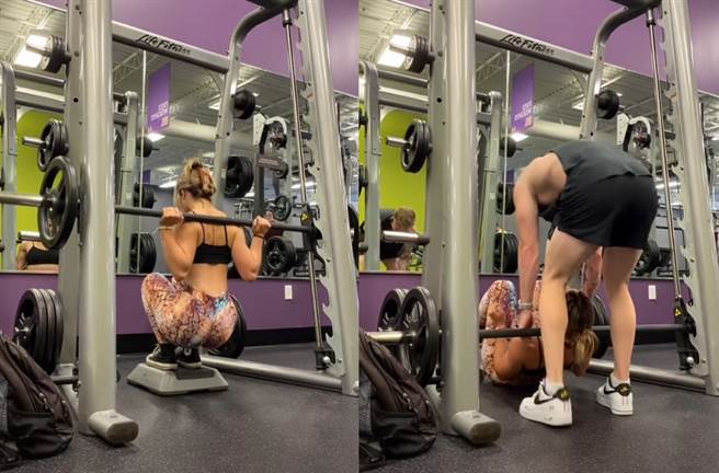 国外一名健身妹因练习深蹲不慎跌倒，竟意外邂逅了天菜男神，陷入爱河。（图片翻摄自TikTok/@fitby.ash）