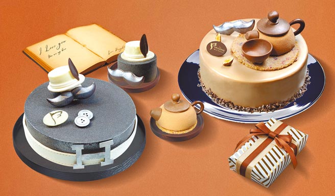 「品味」（右）与「绅士」父亲节蛋糕，以茶壶、贵族绅士帽呼应父亲的爱好及印象。（台中金典酒店提供）