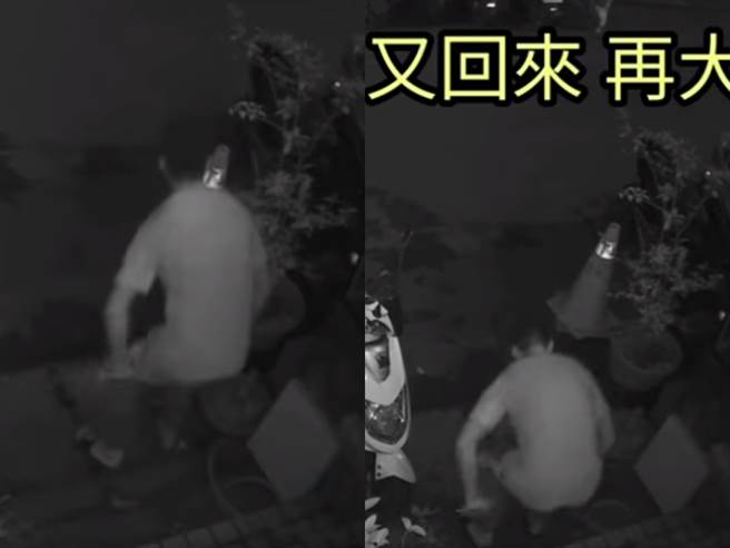 1名网友爆料住家遭陌生男子公然排便在门口，监视器画面中1名男子先是左顾右盼确认无人后，就公然脱下裤子排便。（翻摄自脸书「爆料公社公开版」）