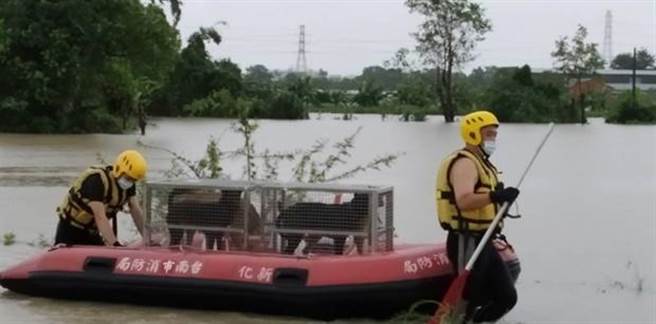 新化一处狗场淹水严重，台南市政府农业局动保处与新化消防分队，冒雨抢救48只狗。(动保处提供／曹婷婷台南传真)