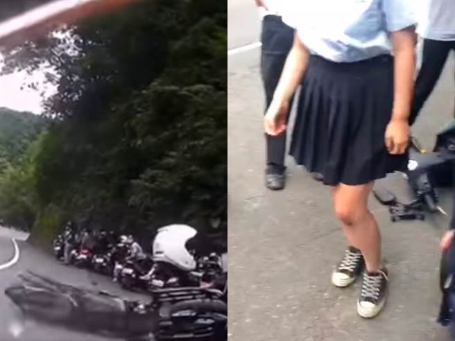 新店区一处山路今日发生1起重机自摔滑进弯道后，衝向路边整排机车的事故，其中1名身穿水手服、百褶裙的少女疑似也遭波及、膝盖受伤。（翻摄自脸书「重机车友各区路况、天气回报中心」）