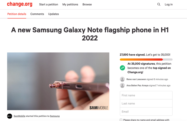 《SamMobile》網站發起期待三星2022年再度推出Galaxy Note手機的請願。（摘自Change.org）