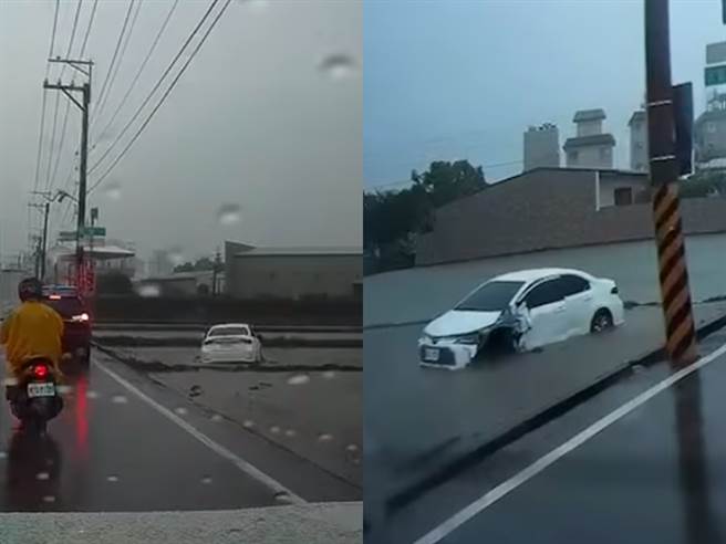 民眾發現1輛白車疑似因天雨路話，竟自滑衝進路旁的稻田中，整輛車就停在「田中間」，左側車頭則因猛烈撞擊破了大洞。（翻攝自臉書「記者爆料網」）