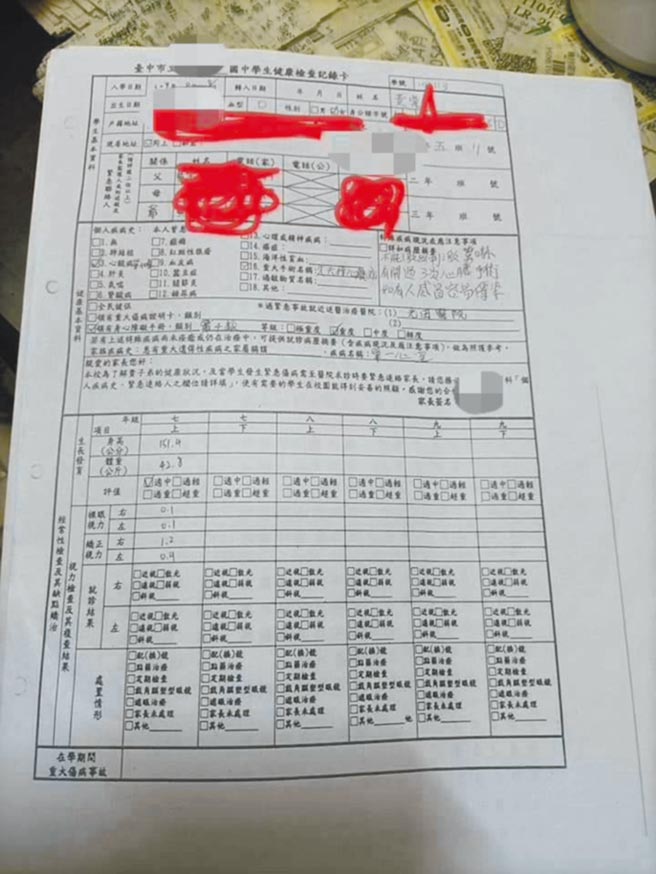 家長貼出女兒入學時所填寫的健康卡，質疑體育老師為何叫患有心臟病的孩子跑步。（摘自〈爆料公社公開版〉／陳淑娥台中傳真）