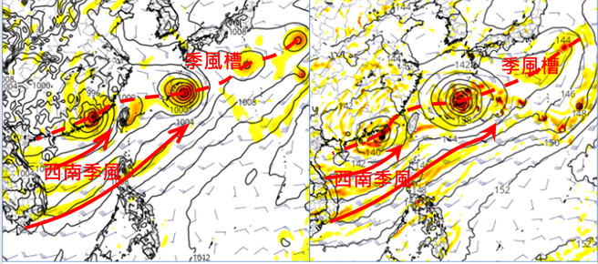 最新歐洲(ECMWF)模式，模擬周四(5日)20時天氣圖(左圖)顯示，季風槽內有許多低壓發展，最左側的在福建沿海陸地上。美國(GFS)模式同時的模擬圖(右圖)顯示，各個低壓強度、位置皆有差異，唯西南季風盛行是兩者相同的。(圖擷自tropical tidbits/「三立準氣象· 老大洩天機」)

