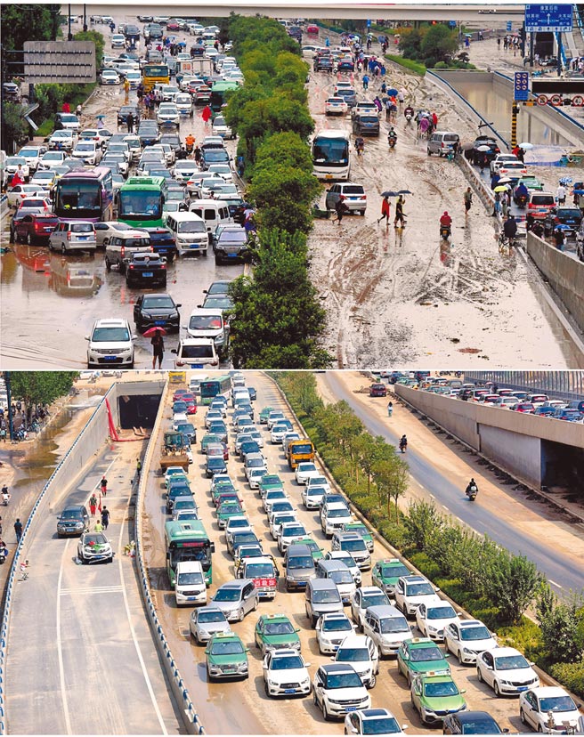 河南省政府昨发布通报，自7月16日发生暴雨至8月2日中午，河南因灾死亡302人，其中郑州就有292人遇难。上图为7月21日郑州京广路隧道被淹情况；下图则为7月24日京广路隧道抢通情形。（新华社）