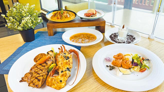 丽宝福容店田园咖啡厅推出「4人同行爸爸免费」，可品尝海陆双拼大餐。（福容大饭店提供）