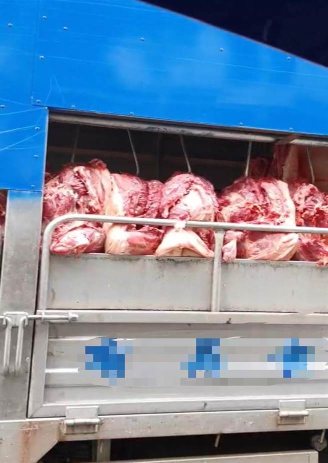 鲜红生猪肉不只曝晒在烈日下，灰尘还「吸满满」。（台中市议员林祈烽服务处提供／卢金足台中传真）
