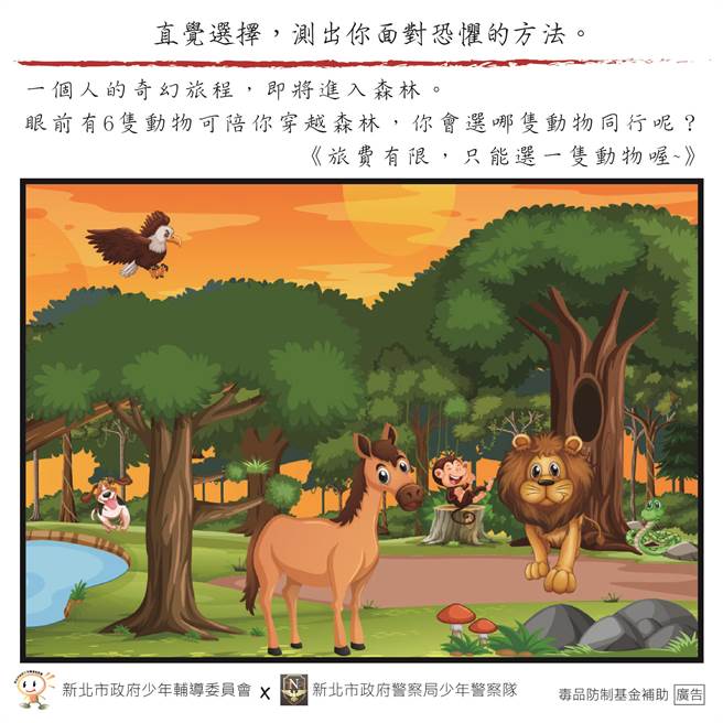 新北市政府警察局近期与新北市少辅导委员会合作，设计3种心理测验游戏，测验民眾的「需求与渴望」、「面对恐惧的方法」及「面对诱惑的自制力」，以此找出涉毒的可能。（新北市警局少年队提供）