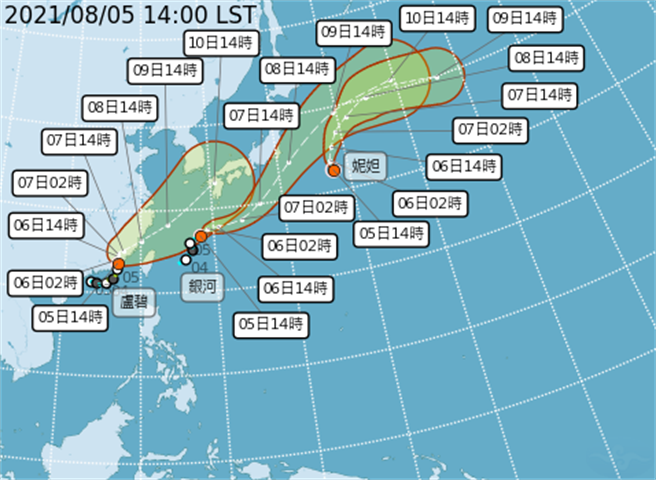 热带低压接连生成颱风，加上第9号颱风卢碧，海面上出现三颱共舞的情形。(气象局提供)
