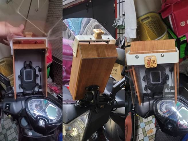 1名外送員DIY作出能防風雨的手機架，但網友看到成品後笑說「超像行動神主牌」。（翻攝自臉書「外送員的奇聞怪事」）