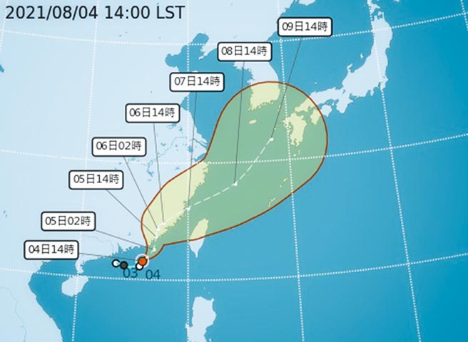 輕颱「盧碧」路徑潛勢預報圖。（取自氣象局網站）