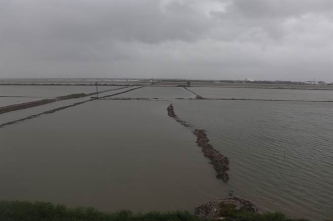 台61线旁的文蛤池，水已漫过内堤。(刘秀芬摄)