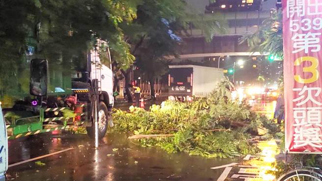南屯区向上路6日晚上发生路树倒塌，严重影响交通。（民眾提供）