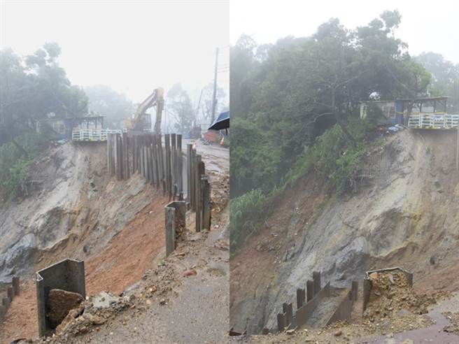 彰南路五段一处路段因大雨冲刷路基导致路段下陷，崩塌深度高达50公尺，宽度达8公尺，下陷深度最大落差约50公分。（翻摄自王惠美脸书）