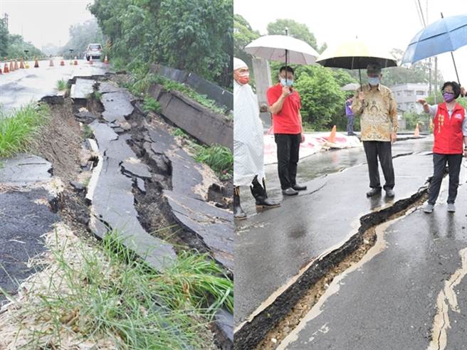 八卦山花坛乡三芬路日前发生陷落，进行工程改善，但是今天再度塌方，施工赶不上大雨的摧残。（翻摄自王惠美脸书）