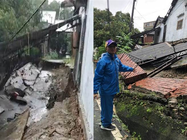 彰化市今天上午在八卦山区也发生大量土石流失，同样造成大规模路基掏空、陷落3米深，3户民宅地基当场被掏空，整片红砖墙轰然倒塌。（民眾提供）