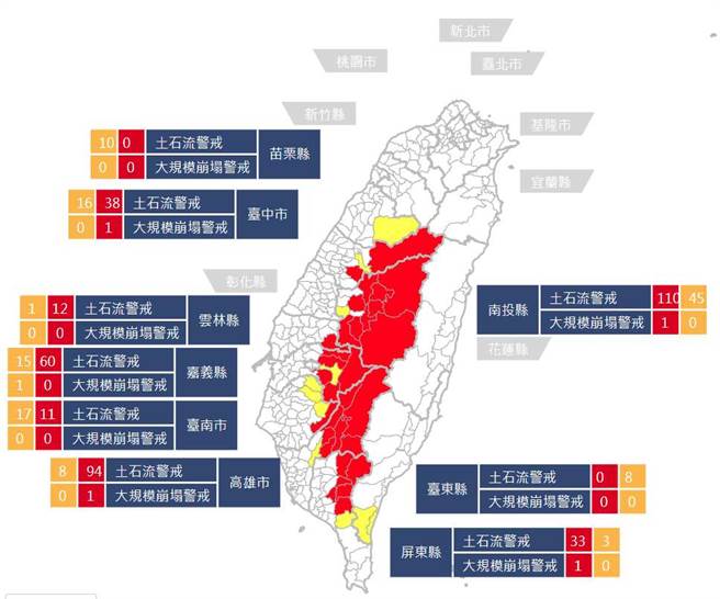 圖為全台土石流及大規模崩塌警界分布。(水土保持局提供)