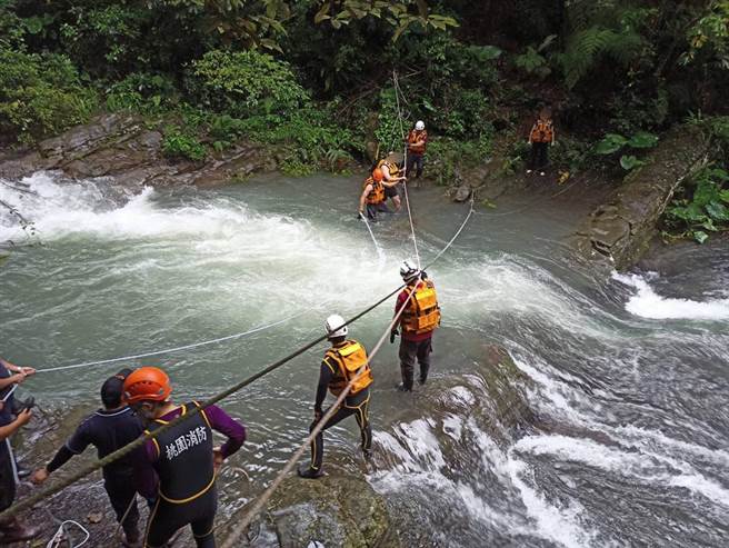 4人攀爬幽靈瀑布2人受困對岸平安獲救。(消防局提供／呂筱蟬桃園傳真)