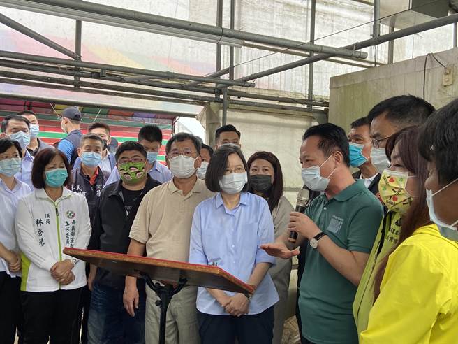 总统蔡英文今9日下午来到嘉义县新港乡视察温室空心菜受灾情况。（嘉义县政府提供∕吕妍庭嘉义传真）