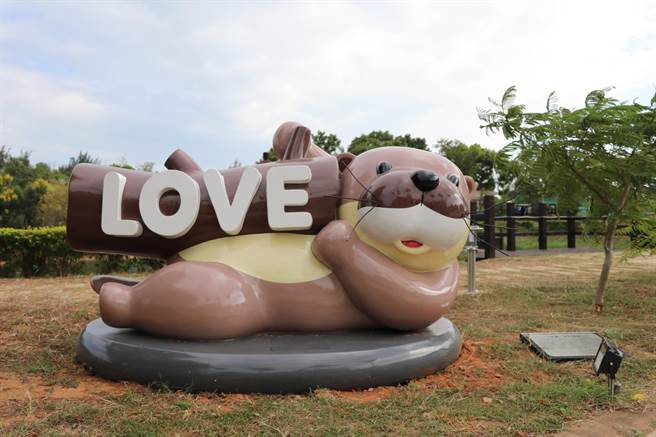 金大加入水獭保育行列，图为校园内大学池畔的水獭泥塑。（金大提供）