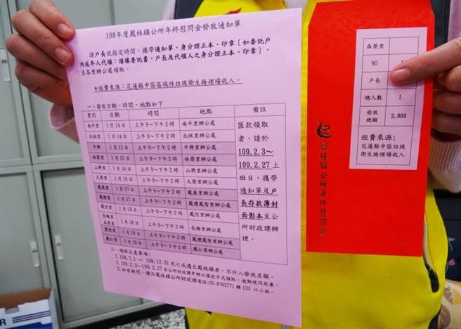 花蓮縣鳳林鎮公所2020年發放全數鎮民2000元年終慰問金，引起全國矚目，近日卻遭審計部質疑，鎮公所未考量鎮民受災程度及審酌財源量能，且有適法性爭議，要求縣府監督；鎮公所表示，鎮民多為農民及相關從業人員，均有受影響，且慰問金均依法編列，僅去年發放，並無造成鎮公所財源負擔。（資料照／羅亦晽花蓮傳真）
