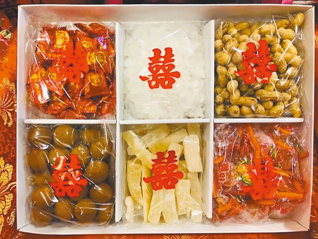 疫情衝擊下，許多新人選擇直接登記結婚，訂婚等傳統禮俗都免了。圖為訂婚儀式上的六色喜糖。（黃淑晴提供／張毓翎台南傳真）