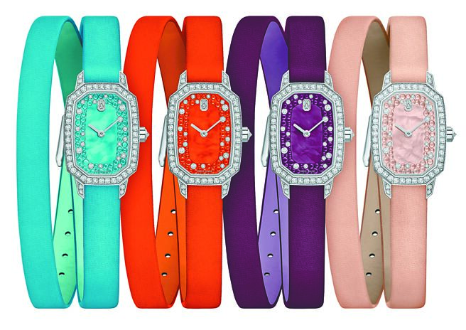 海瑞温斯顿今年新款Emerald印记系列腕表，尺寸仅18mm，色彩妍丽充满女人味。（HARRY WINSTON提供）