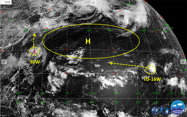 遠在換日線附近、太平洋上的熱帶低壓TD-16W，有可能發展成第12號颱風奧麥斯，路徑大致沿著高壓邊緣向西前進，也就是往台灣方向過來。(翻攝自天氣職人-吳聖宇臉書)