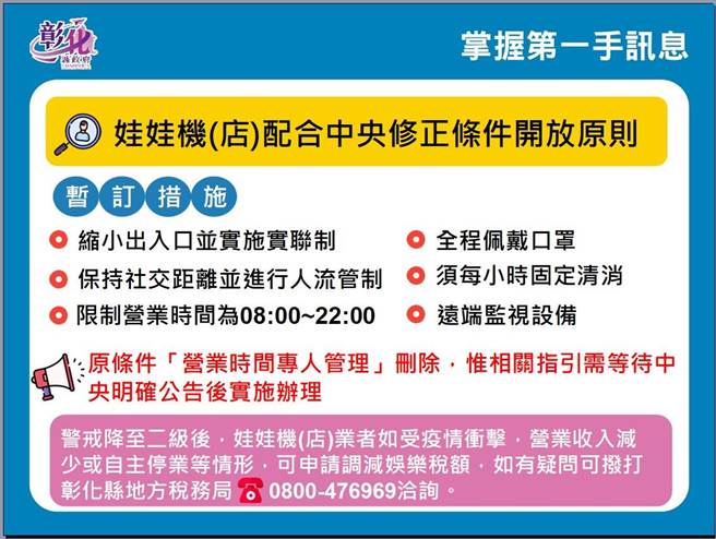 娃娃机有条件开放。（彰化县卫生局提供／吴敏菁彰化传真）