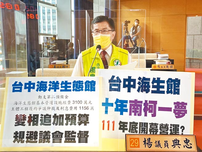 市议员杨典忠质询说，海生馆十年南柯一梦，变相追加预算，规避议会监督，明年底真的可开幕营运？（陈世宗摄）