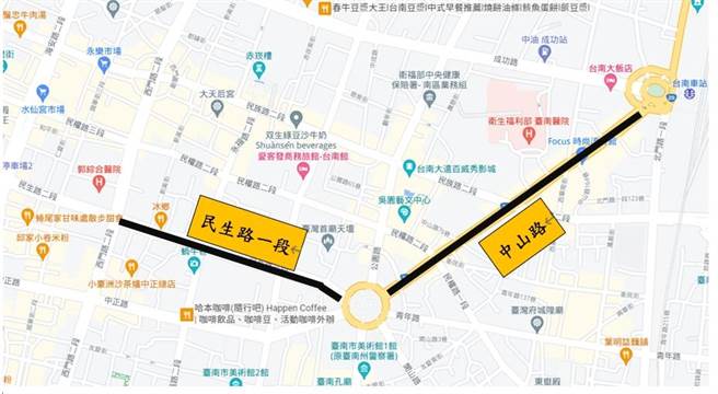 位居观光重点道路之一的汤德章纪念公园圆环周边的中山路及民生路路平改善工程，预计9月15日进场施作。（工务局提供／曹婷婷台南传真）