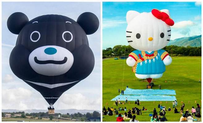 2021臺湾国际热气球嘉年华，熊讚Bravo设计3D造型热气球(左)；HELLO KITTY造型热气球(右)。(图/台东县政府提供)。