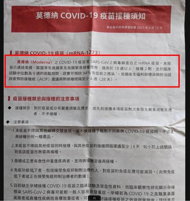 民眾在接种AZ、莫德纳疫苗当下，医护人员都会附上1张由疾管署提供的「疫苗接种须知」，说明疫苗成分、适用对象、临床试验数据及保护力。其中，根据须知内容指出，AZ完成2剂接种后保护力为81％；莫德纳则可预防94％有症状之感染。