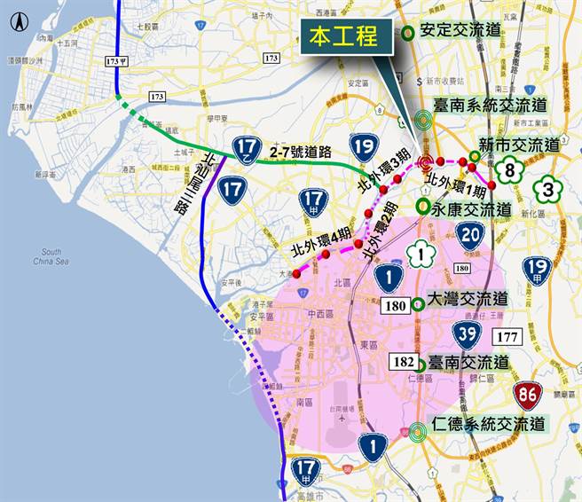 总经费17.25亿元增设北外环交流道工程，已获得国发会支持审查通过。（工务局提供／曹婷婷台南传真）
