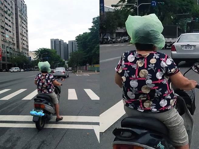 1名網友直擊1名婦人騎車在路上竟頭戴「塑膠袋」當作安全帽，笑說「自動充氣式不安全帽」其他網友則說「台南日常不意外」、「免錢萬用帽」。（翻攝自臉書「路上觀察學院」）
