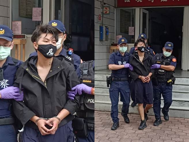 叶姓男子今下午在警局做完笔录，在移送过程中还在警车摇下车窗，朝车外大比中指。（民眾提供）