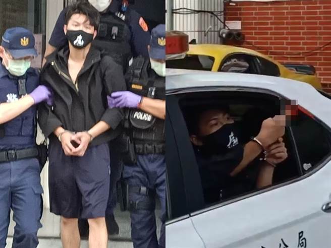 叶姓男子今下午在警局做完笔录，在移送过程中还在警车摇下车窗，朝车外大比中指。（民眾提供）