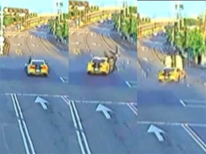 从影片中可见撞击瞬间叶男几乎没减速，骑士遭撞后当场在空中翻了约3圈才重重着地并昏迷，因伤势严重目前转往林口长庚医院，而双方车辆也几乎全毁。（翻摄自记者爆料网）
