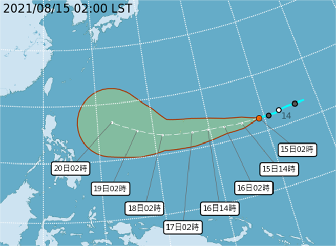 气象局预估，热带低压周二之后有机会增强，周六、下周日较靠近台湾。(翻摄自气象局)