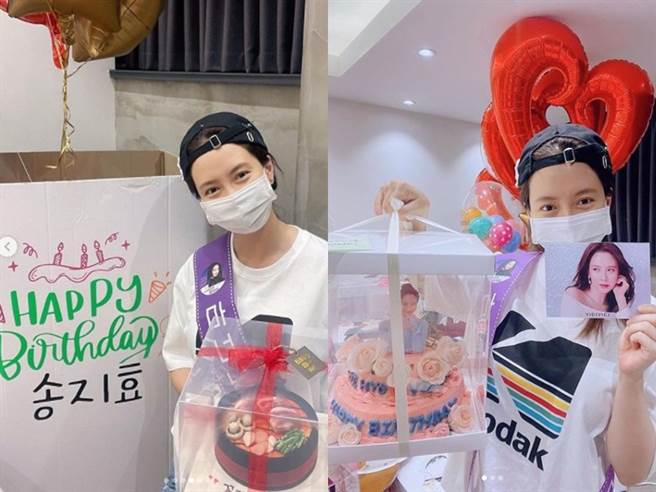 宋智孝40岁生日，和粉丝送的礼物各别合照。（图／IG@ my_songjihyo）