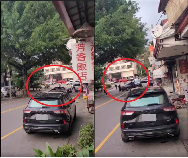 黑色轿车在南投仁爱分局前360度迴转衝撞员警，警开2枪狂追。（民眾提供）