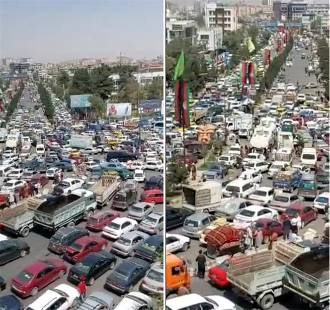 阿富汗政府軍對塔利班毫無抵抗，首都喀布爾快速淪陷，民眾倉皇逃往機場，所有汽車都被堵在路上動彈不得。（圖／路透）