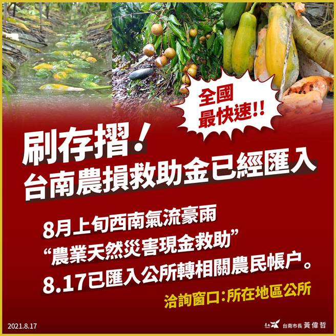台南市政府农业局表示，针对农委会公告免现勘损失率且免现勘项目，已于17日预拨灾损救助金到公所，请各公所转拨相关农民，协助农民儘速恢復农业生产。（农业局提供／洪荣志台南传真）