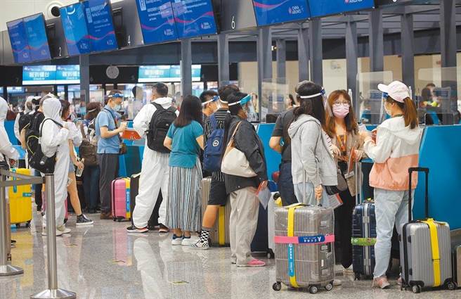 台帛旅遊泡泡重啟，旅客在機場取得PCR陰性報告後，辦理報到手續。（范揚光攝）